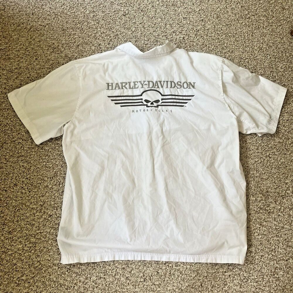 Harley Davidson Mens Short Sleeve Button Up Shirt White 3XL Embroidered Vented